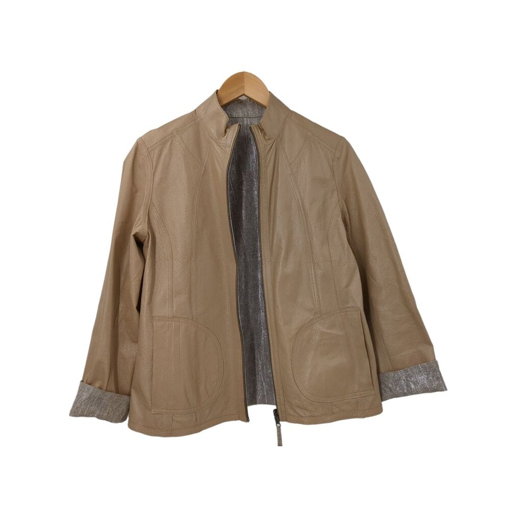 Chicos Reversible Leather Jacket Size 1 M Tan Silver Metallic Travel Full Zip